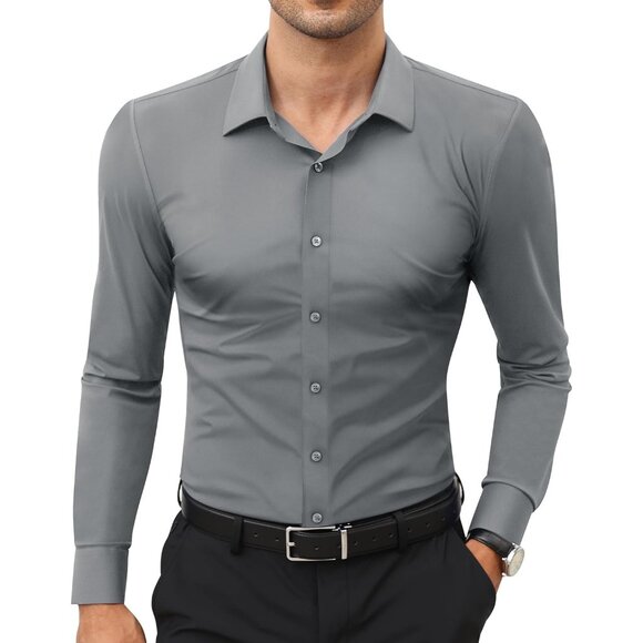Men Silver Long Sleeve Slim Muscle Fit Wrinkle Free Button Down Dress Shirts - Picture 1 of 9